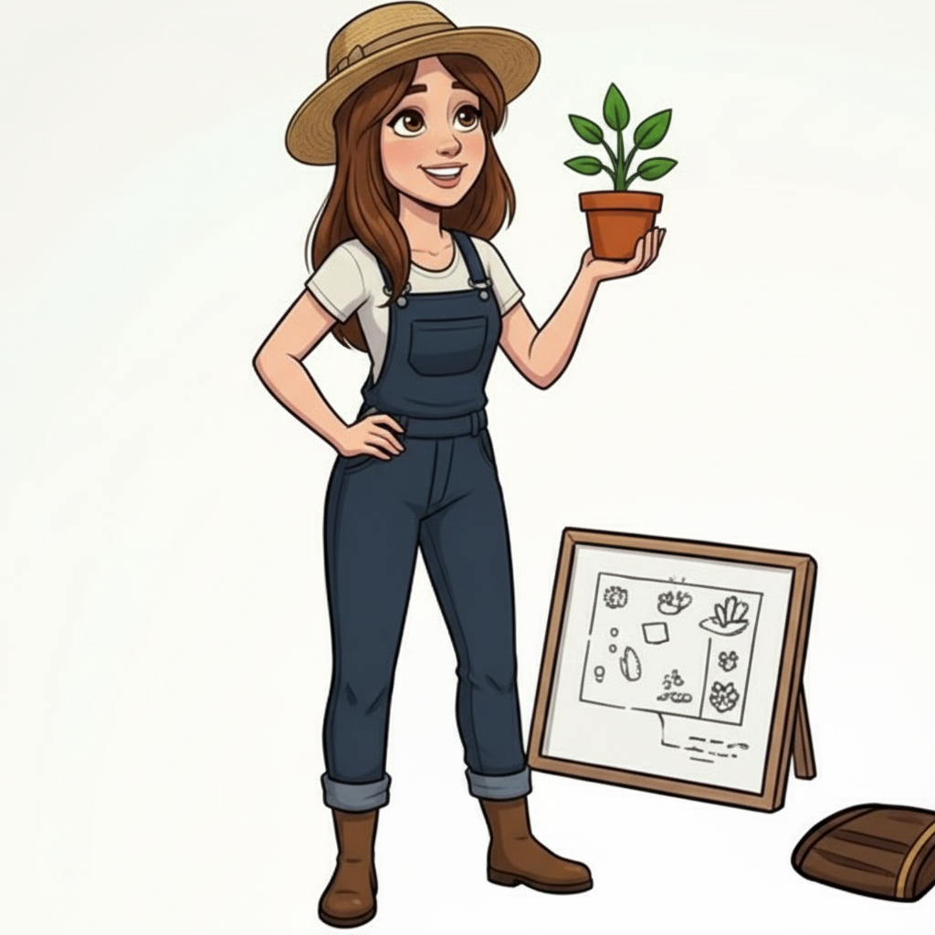 Image type dessin animé d'Iris qui anime le blog Réussir son petit jardin avec cet avatar. Elle se tient debout avec une plante en pot à la main gauche. Elle porte une salopette en jean, un tee-shirt blanc et un chapeau de paille.
