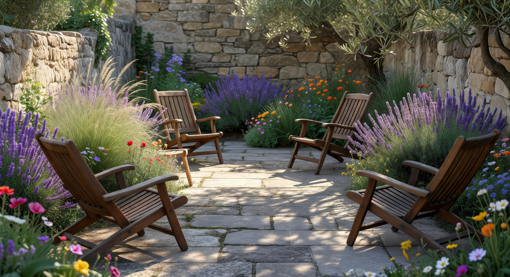 photo d'une cour intérieure entourée de mur végétalisée avec 4 fauteuils en bois pour la détente. Création assistée par IA